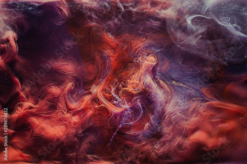 Steam leak background. Enchanted veil. Red blue glitter abstract smoke cloud.