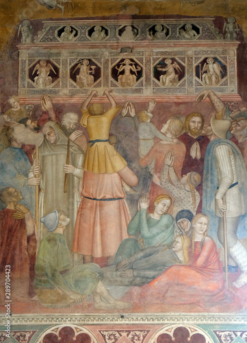 The crowd witnessing the preaching, detail from St Peter of Verona preaching, fresco by Andrea di Bonaiuto, Spanish Chapel in Santa Maria Novella Principal Dominican church in Florence, Italy