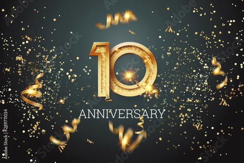 Golden numbers, 10 years anniversary celebration on dark background and confetti. celebration template, flyer. 3D illustration, 3D rendering
