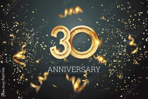 Golden numbers, 30 years anniversary celebration on dark background and confetti. celebration template, flyer. 3D illustration, 3D rendering