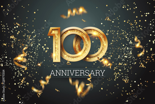 Golden numbers, 100 years anniversary celebration on dark background and confetti. celebration template, flyer. 3D illustration, 3D rendering