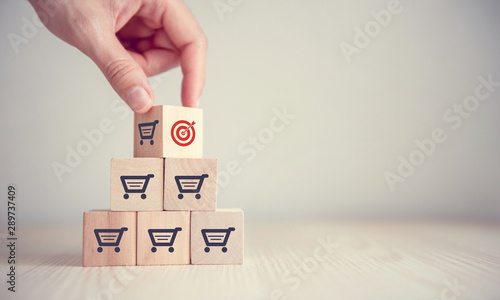 sale volume increase make business success, Flips cube with icon goal and shopping cart symbol.