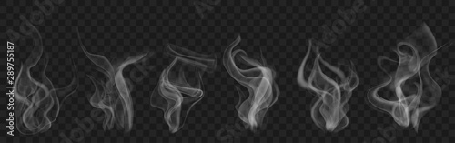 Set of realistic transparent smoke or steam in white and gray colors, for use on dark background. Transparency only in vector format