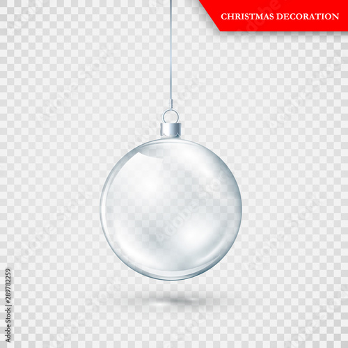 Glass transparent Christmas decoration. Xmas glass ball on transparent background. Holiday decoration template. Vector illustration