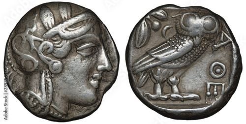 Illyria and Central Greece – Attica silver coin tetradrachm 454-404 BC, helmeted head of Athena right, olive sprig and crescent behind standing owl, 