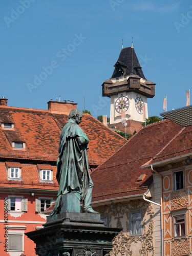 The clock tower (Uhrturm), as seen from town hall, Graz, Austria