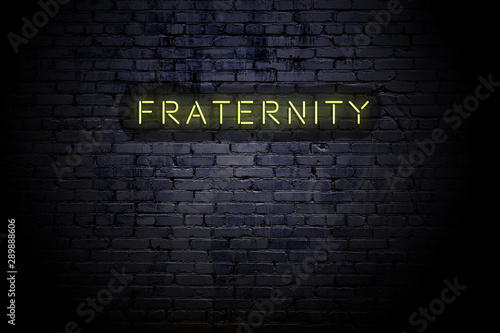 Highlighted brick wall with neon inscription fraternity