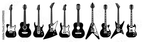 Black and white guitars. Acoustic and electric guitar outline musical instruments Vector isolated set
