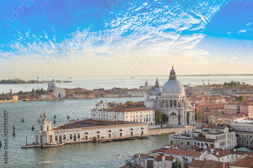 Beautiful views of Santa Maria della Salute and the Venetian lagoon in Venice, Italy
