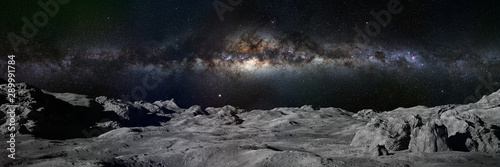 Moon surface, lunar landscape with Milky Way over the horizon