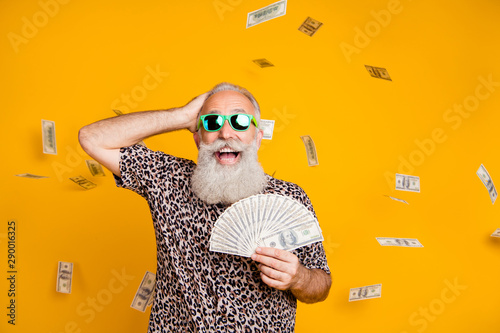 Portrait of retired old funny bearded man in eyewear eyeglasses scream omg look at falling money win lottery wearing leopard t-shirt isolated over yellow background