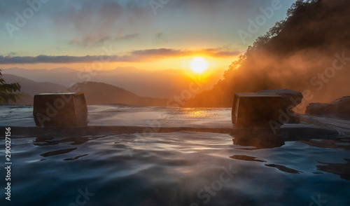 Sunrise in the Japanese hot spring, Yari Onsen, Hakuba, Japan
