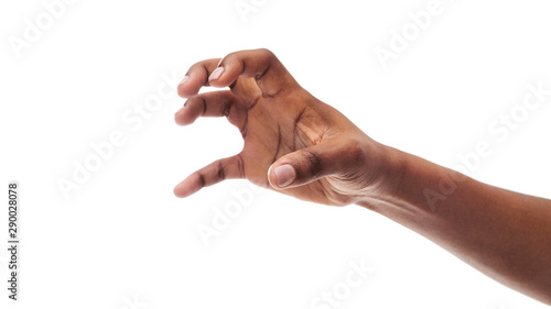 Black female hand grab some items on white isolated background