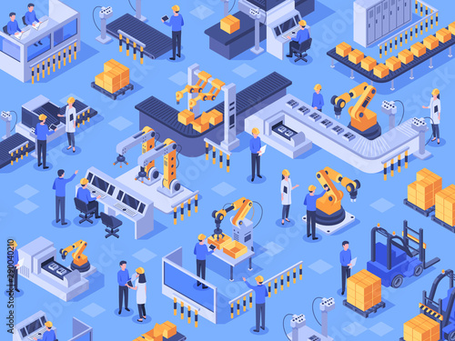 Isometric smart industrial factory. Automated production line, automation industry and factories engineer workers. Industriyal manufacturing teamwork innovation technology vector illustration