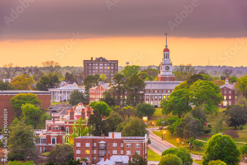 Macon, Georgia, USA historic downtown skyline at dusk.