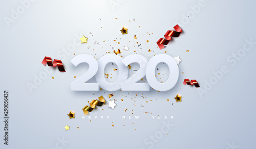 Happy New 2020 Year. Vector holiday illustration of paper cut numbers with sparkling confetti particles, golden stars and streamers. Festive event banner. Decoration element for poster or cover design