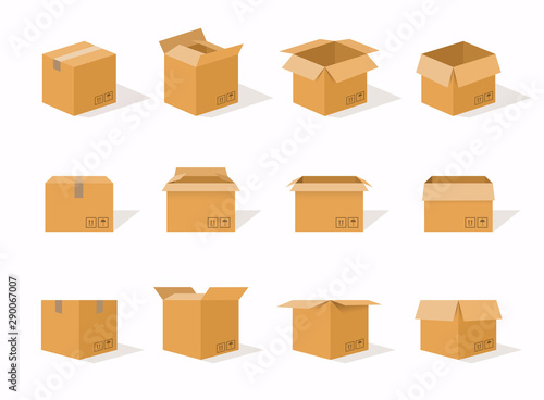 Carton delivery packaging open and closed box with fragile signs. Cardboard box mockup set.