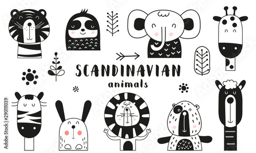 Bw scandinavian animals set. Hand drawn. Doodle cartoon animals for nursery posters, cards, kids t-shirts. Vector illustration. Tiger, lazy sloth, elephant, giraffe, zebra, hare, lion, bear, llama.