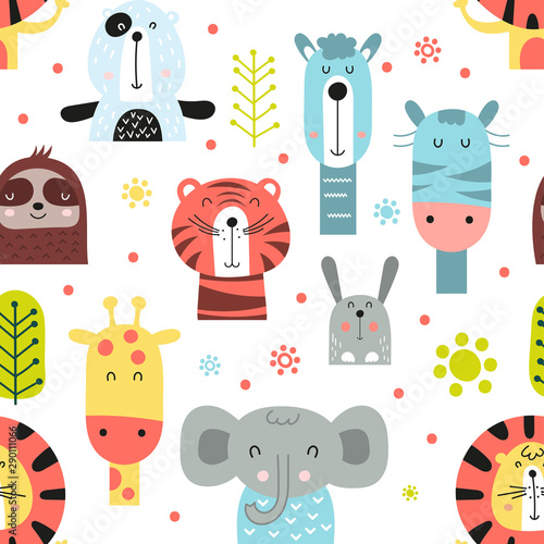 Childish seamless pattern with cute jungle animals in Scandinavian style. Vector Illustration. Kids illustration for nursery design. Great for baby clothes, greeting card, wrapping paper.