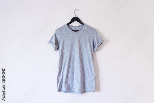 gray blank t-shirt on a hanger
