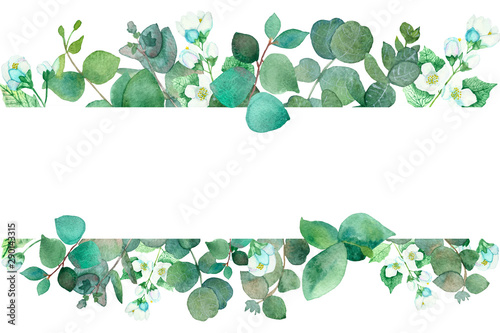 Watercolor hand painted nature flora banner frame with white blooming jasmine flowers and green eucalyptus leaves and branches for invitations and greeting card with the space for text on the white