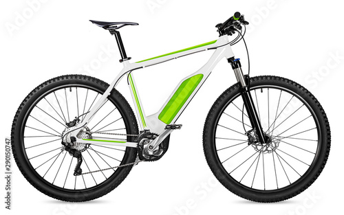 fantasy fictitious design of an ebike pedelec with battery powered motor bicycle moutainbike. mountain bike ecology modern transport concept isolated white background
