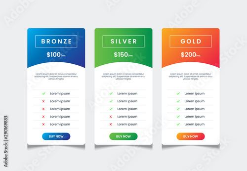 3 columns of price list table desing template, comparative table, infographic tariff vector