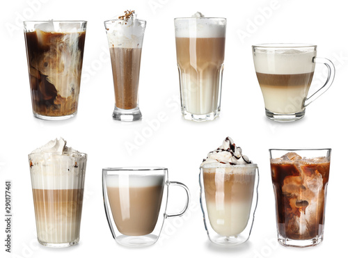 Set of delicious coffee drinks on white background