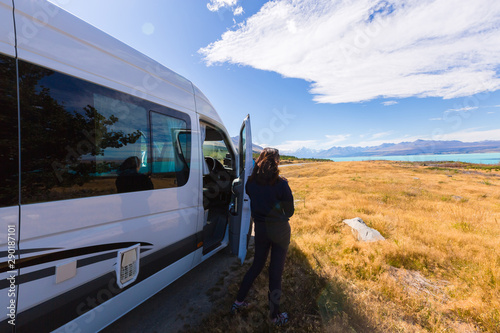 Asian woman travel enjoy at Mt. cook national park in New Zealand, Concept of woman solo travel and relaxation moment