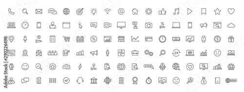 Big set of 100 Business and Finance web icons in line style. Money, bank, contact, office, payment, strategy, accounting, infographic. Icon collection. Vector illustration.