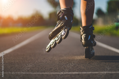 Roller skates during inline skating outdoors. Active lifestyle. Rollerblading