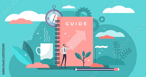 Guide vector illustration. Tiny technical FAQ information persons concept.