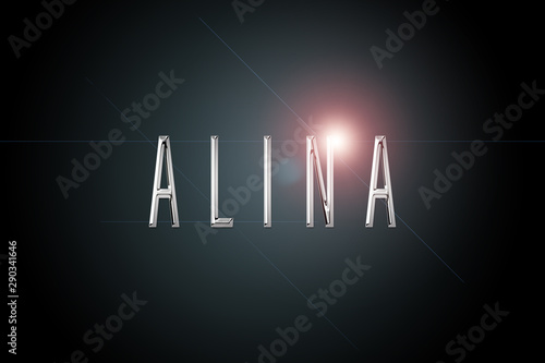 first name Alina in chrome on dark background with flashes