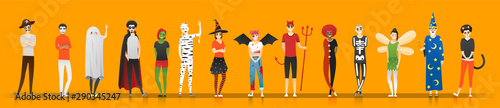 Happy Halloween , group of teens in Halloween costume concept isolated on orange background , vector, illustration