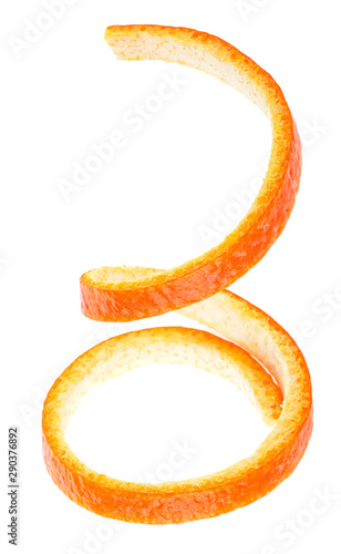 Vertical image of fresh orange peel, white background.