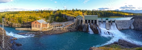 Panoramic View of Horseshoe Falls Dam at Bow River, Rocky Mountains Foothills west of Calgary. Massive Concrete Structure was the first sizeable hydroelectric facility in Alberta, Canada