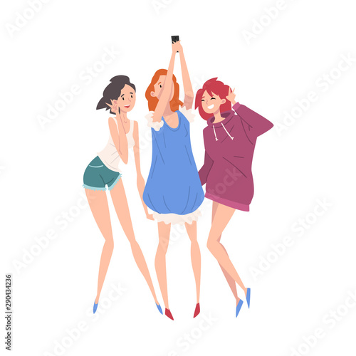 Beautiful Girls Dressed in Trendy Clothes Standing Together and Making Selfie, Group of Girlfriends, Female Friendship Vector Illustration