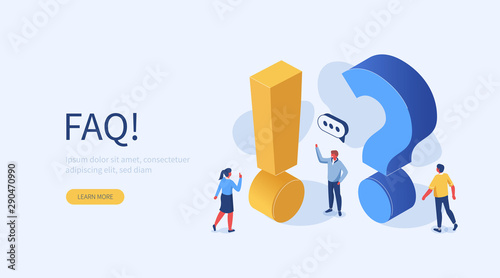 People Characters Standing near Exclamations and Question Marks. Woman and Man Ask Questions and receive Answers. Online Support center. Frequently Asked Questions Concept. Flat Vector Illustration.