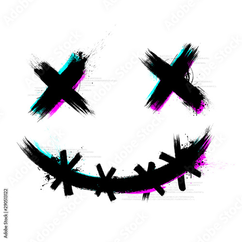 Vector Illustration Crazy Scary Brush Stroke Smile With 3D Tech Glitch Effect