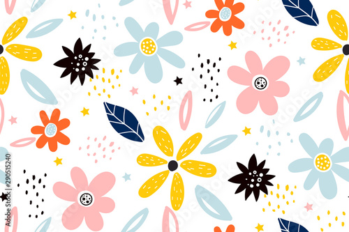 Seamless childish pattern with fairy flowers. Creative kids city texture for fabric, wrapping, textile, wallpaper, apparel.