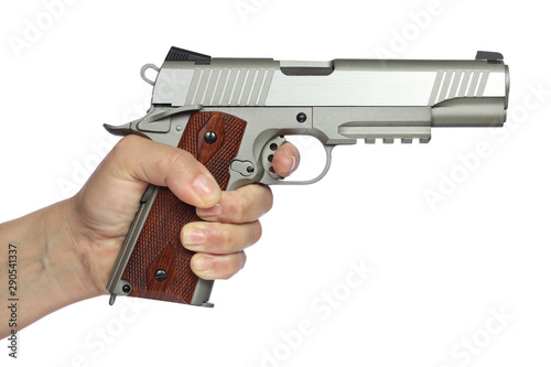 hand holding a gun isolated on a white background