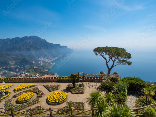 Italy, april 2019: Beautiful scenic picture-postcard view of famous Amalfi Coast with Gulf of Salerno from Villa Rufolo gardens in Ravello, Campania