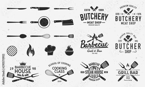 Collection of Butchery, Barbecue and Grill logos, emblems, labels, badges. Set of 8 logo templates and 13 design elements for logo design. Vector templates