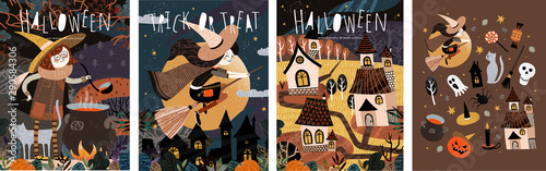 Happy Halloween! Vector cute illustration of a witch preparing a potion; witches on a broomstick; scary houses in a city or village and a set of objects. Drawings for card, poster or background.