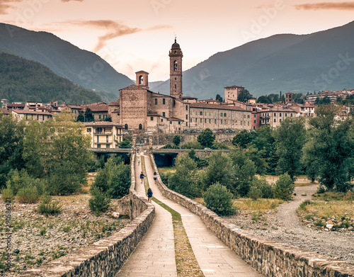 The italian borough of Bobbio and its old medieval bridge. Bobbio, Piacenza province, Emilia Romagna, Italy.