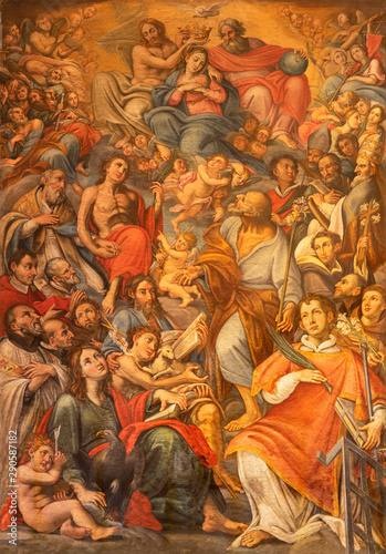 ACIREALE, ITALY - APRIL 11, 2018: The painting of Coronation of Virgin Mary among the saints in Basilica Collegiata di San Sebastiano by Matteo Ragonisi (1660-1734).