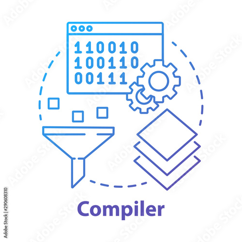 Compiler concept icon. Software development. Machine language. Programming. Data filtering. Computer code translation idea thin line illustration. Vector isolated outline drawing