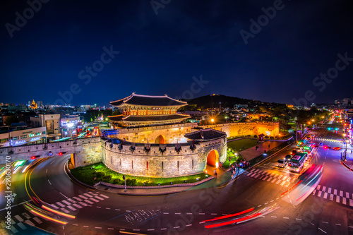 Night view of Hwaseong fortress at suwon city south Korea 