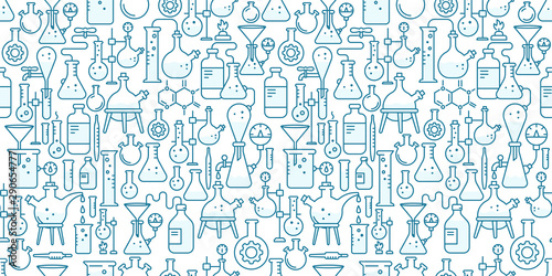 Chemistry flask beaker equipment seamless pattern background. Science education. Medical tests. Laboratory research experiments. Outline contour blue line.