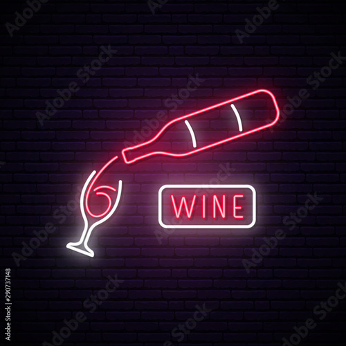 Neon Wine sign. Wine bar advertising design. Bright vector signboard with wineglass and bottle.